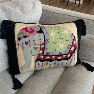 Vintage Mid-Century Modern Needlepoint Pillow elephant design w tassels‎ velvet